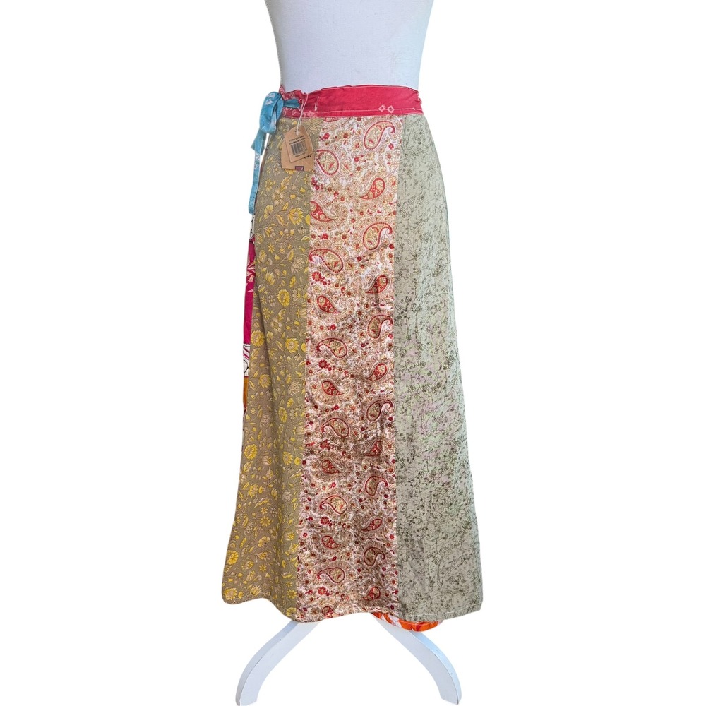 Reversible Silk Blend Patchwork Wrap Maxi Skirt Recycled Sari Boho NEW